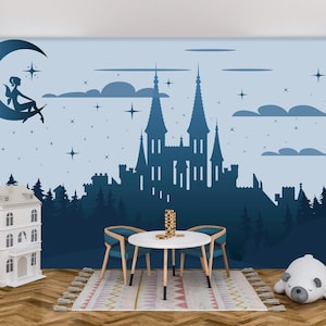 Fairy Castle Wallpaper Mural, Blue Wizard's Castle Wall Decor, Magic Castle Wall Mural Girls Room, Moon Stars Wall Paper Peel and Stick