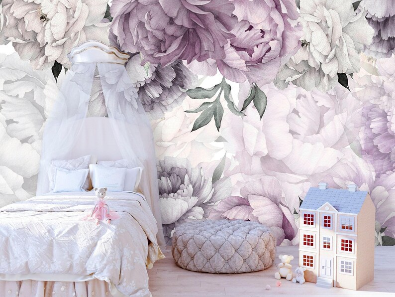 Peony Wallpaper Nursery, Watercolor Peony Flower Wall Decor Purple ...