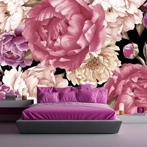 Dark Flower Wallpaper Pionies Removable. Peony Wallpaper. Modern Floral Wallpaper Mural Self Adhesive. Pink Wall Mural Peel and Stick KN800