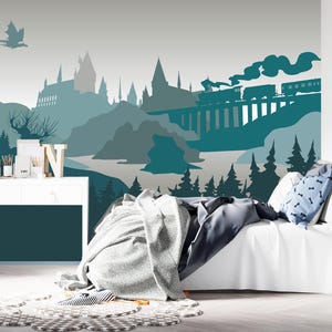 Dragon Castle Wallpaper Mural Kids Room, Fantasy Train Wall Mural Nursery, Navy Blue Woodland Wallpaper, Magical Forest Wall Decal Boys Room