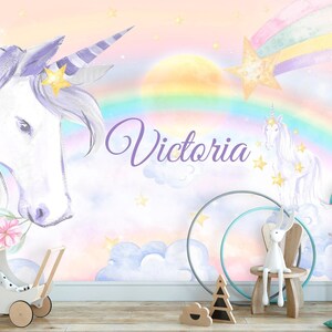 Unicorn Wallpaper Removable Girl Bedroom Unicorns Wall Mural Baby Nursery Rainbow Wallpaper Kids Watercolor Clouds Custom Name Personalized image 2