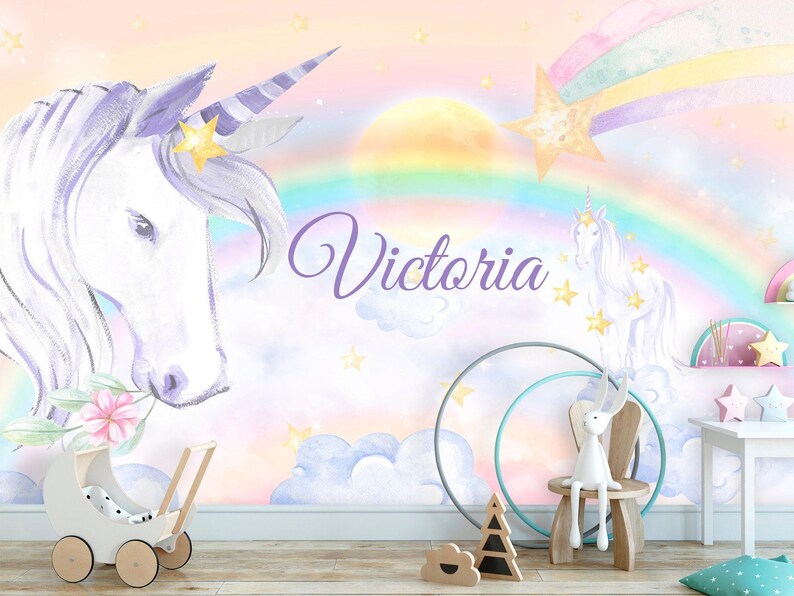 Unicorn Wallpaper Removable Girl Bedroom Unicorns Wall Mural Baby Nursery Rainbow Wallpaper Kids Watercolor Clouds Custom Name Personalized image 2