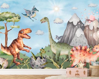 Dinosaur Wallpaper Mural Nursery, Watercolor Dinosaurs Wall Paper Kids Cute Jurassic World Wall Mural Trex Mountain, Volcano Wallpaper Kids
