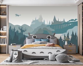 Wizard's Castle Wallpaper Boys Room Peel and Stick Grey Castle Wall Mural Removable Blue Mountain Wall Mural  Pine Tree Wall Decor Magical