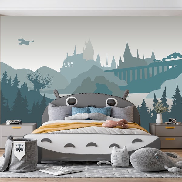 Wizard's Castle Wallpaper Boys Room Peel and Stick Grey Castle Wall Mural Removable Blue Mountain Wall Mural  Pine Tree Wall Decor Magical