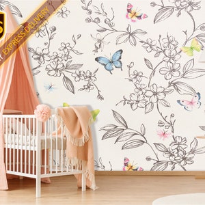 Butterfly Wallpaper for Kid. Floral Wall Decor Flower Wallpaper for Girl Nursery Self Adhesive Wallpaper. Removable Wallpaper for Kids KM583