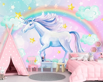 Unicorn Wallpaper Girls Room Removable. Unicorn Pattern Accent Wall Art Princess Room. Rainbow with Stars Wall Mural Nursery Non Woven KN984