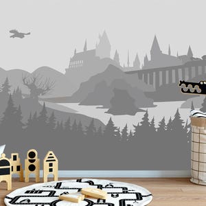 Castle Wallpaper Boys Room Self Adhesive Woodland Wallpaper Mural for Kids Removable Grey Wizard's Castle Wall Mural Forest Non Woven