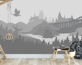 Wizard's Castle Wallpaper Boys Room Removable, Dragon Castle Wall Mural Self Adhesive Grey Mountain Wall Mural Magical Forest Wall Decor