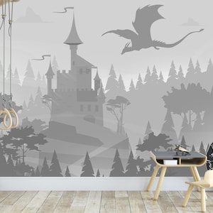 Dragon Castle Wallpaper Boys Room NonWoven, Castle Wallpaper Mural for Kid Removable, Grey Wizard's Castle Wall Mural Mountains Wallpaper