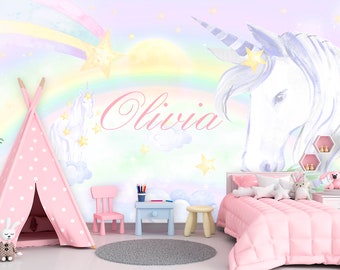 Unicorn Wallpaper Baby Girls Room. Rainbow Wall Mural Kids Peel & Stick. Unicorn Wallpaper Personalized Name.  Stars Accent Wall Decor NK987