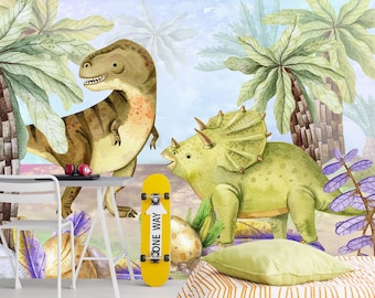 Dinosaur Wallpaper Kids Room, Large T-Rex Wallpaper Green Peel and Stick, Jurassic World Wallpaper Nursery, Cute Dino Wall Mural Boy Bedroom