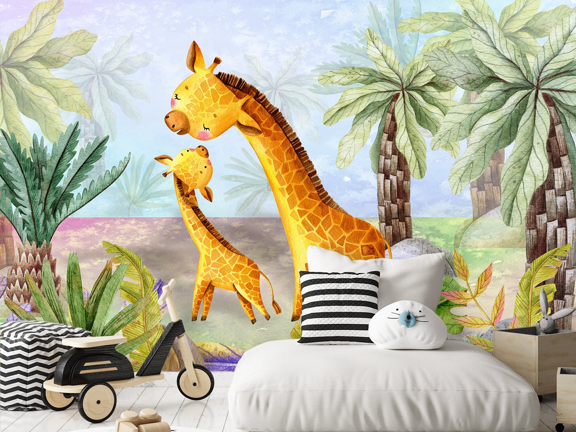 Safari Animals Wallpaper Self Adhesive. Giraffe Family Wall Etsy