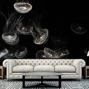 Jellyfish Wallpaper Dark. Sea Bottom Wall Murals Black and White. Nautical Pattern Wallpaper Roll Removable Ocean Wall Decor Modern Bathroom