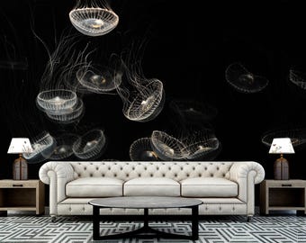 Jellyfish Wallpaper Dark. Sea Bottom Wall Murals Black and White. Nautical Pattern Wallpaper Roll Removable Ocean Wall Decor Modern Bathroom