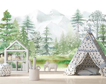 Woodland Wallpaper Toddler Room, Green Forest Wall Mural Nursery, Mountain Accent Wall Decor Kids, Watercolor Landscape Nature Wallpaper KM9