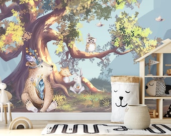 Woodland Animal Wallpaper Kids, Mountain Wallpaper Peel & Stick, Forest Wall Mural Baby Boy Room Decor, Forest Animal Decor Wanderlust KM518
