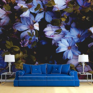 Flowers Wallpaper Nature. Dark Floral Wallpaper Removable. Peel & Stick Wallpaper Roll. Spring Bloom Wallpaper.  Dark Flower Decor KM476