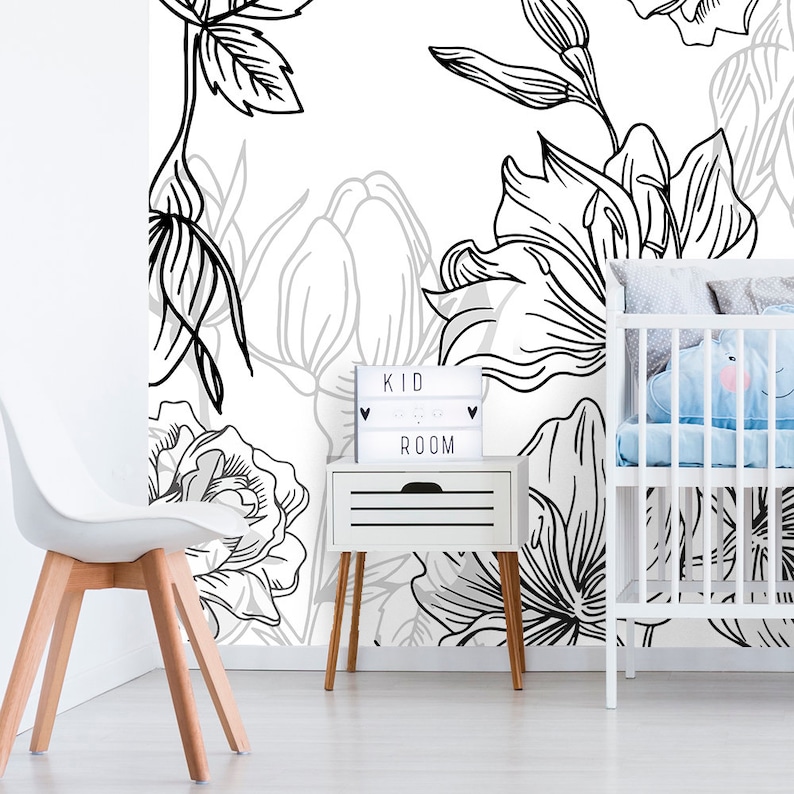 Floral Wallpaper Black and White / Self Adhesive Wallpaper / Etsy