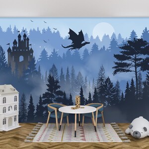 Dragon Castle Wallpaper Boys Room Removable, Wizard's Castle Wall Mural, Blue Woodland Wall Paper Boys Room, Magical Forest Wall Decor Moon