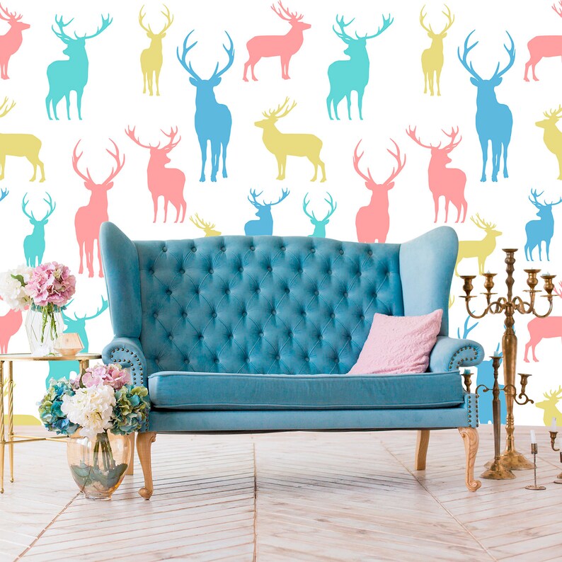 Deer Wallpaper Removable. Peel & Stick. Colorful Deer Wall | Etsy