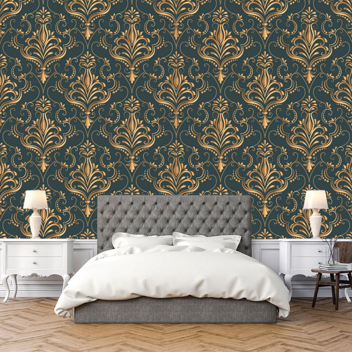 Dark Damask Wallpaper. Living Room Wall Murals. Classic - Etsy España