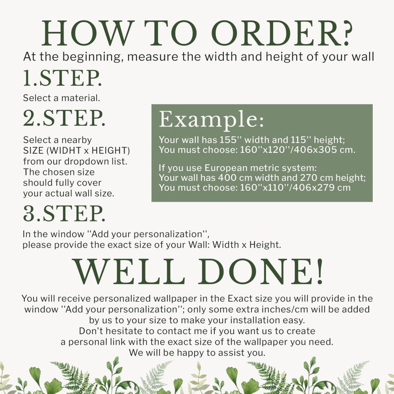 The image is a step-by-step guide on how to order a wallpaper for a wall. It provides instructions on measuring the wall, selecting a material, and ordering a personalized wallpaper.