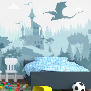 Dragon Castle Wallpaper Boys Room Removable, Woodland Wallpaper Mural for Kids, Blue Wizard's Castle Wall Mural Forest Self-Adhesive KN1001