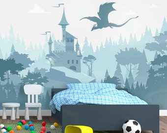 Dragon Castle Wallpaper Boys Room Removable, Woodland Wallpaper Mural for Kids, Blue Wizard's Castle Wall Mural Forest Self-Adhesive KN1001