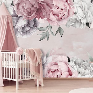 Peonies Wallpaper Removable, Floral Wallpaper Marble, Flowers Wallpaper for Nursery Girl, Self-Adheseve Wallpaper Peony Peel & Stick. KM628