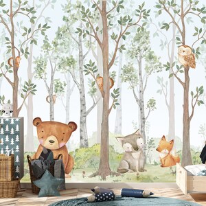 Woodland Animal Wallpaper Kids, Forest Wall Mural Nursery, Pastel Wallpaper Games Room, Birch Forest Wallpaper Animal Decor Watercolor Bear