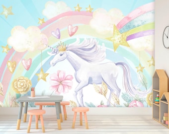 Unicorn Accent Wallpaper Girls Room. Unicorn Theme Wall Mural Peel & Stick. Rainbow Wallpaper Princess Room. Sky Blue Wall Art Nursery KN994