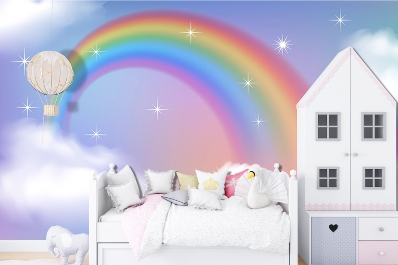 Rainbow Wallpaper Kids Removable Colorful Wallpaper Painting Rainbow for Girl Nursery Unicorn Pattern Self adhesive Wallpaper for Kid KM863 image 2