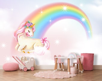 Unicorn Wallpaper Removable Girl Bedroom Unicorn Wall Mural Baby Nursery Rainbow Wallpaper Kids Watercolor Toddler Wallpaper  Peel and Stick