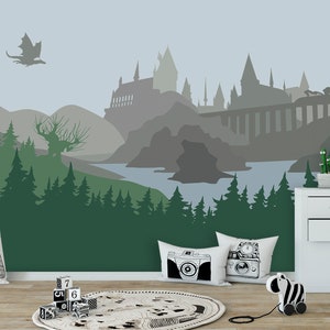 Castle Wallpaper Boys Room Removable Woodland Wall Mural for Kids Self Adhesive Grey Wizard's Castle Green Forest Wallpaper Non Woven