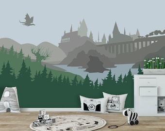 Castle Wallpaper Boys Room Removable Woodland Wall Mural for Kids Self Adhesive Grey Wizard's Castle Green Forest Wallpaper Non Woven