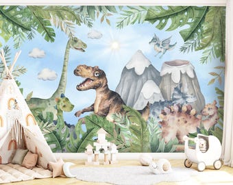 Dinosaur Wallpaper Removable Kids Room, Mountains Wallpaper Nursery, Jurassic World Wall Mural Peel and Stick, Trex, Tropical Wall Decor