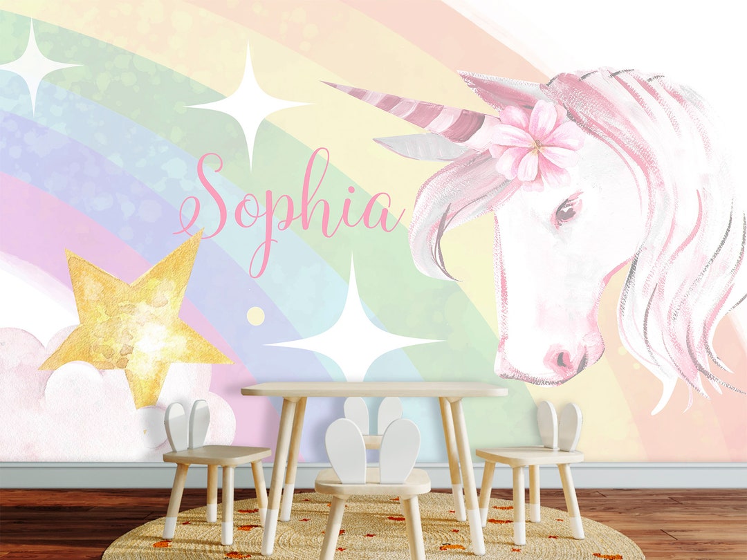 Unicorn Wallpaper Girls Room. Pastel Rainbow Wall Mural Kids. Unicorn Wallpaper Kids. Stars ...
