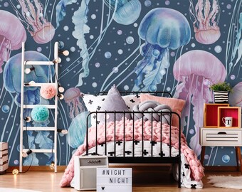 Jellyfish Wallpaper Nursery. Blue, Pink Nautical Pattern Wall Mural Removable,  Sea Wall Decor Self-Adhesive Bathroom, Ocean Wallpaper Kids