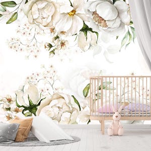 Peony Wallpaper Girls Room Removable, Floral Wall Mural Nursery, White Wallpaper for Baby Girl Nursery, Tender Flowers Wall Decor Kids