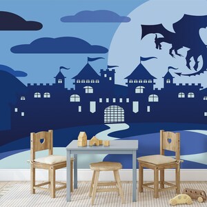 Castle Wallpaper Mural Boys Room, Blue Dragon Castle Wall Mural Peel And Stick, Fantasy Wall Paper Nursery, Magical Moody Wall Decor Moon
