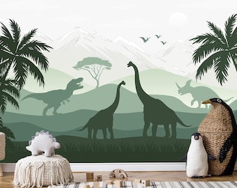 Dinosaur Wallpaper Mural Nursery Removable, Jurassic World Tropical  Wall Mural Kids Green Mountains Wallpaper Boys Room Trex Brachiosaurus