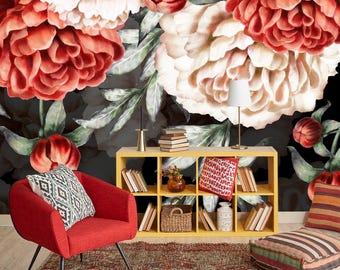 Dark Floral Wallpaper, Floral Wallpaper Removable, Peonies Wallpaper, Wallpaper Mural Floral, Slef Adhesive, Flower wallpaper Bedroom KM370