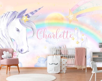 Unicorn Wallpaper Removable Girl Bedroom Unicorns Wall Mural Baby Nursery Rainbow Wallpaper Kids Watercolor Clouds Custom Name Personalized