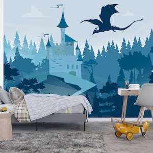 Dragon Castle Wallpaper Boys Room Peel and Stick, Woodland Wallpaper Mural Kids, Blue Wizard's Castle Wall Mural Forest Mountain Wallpaper