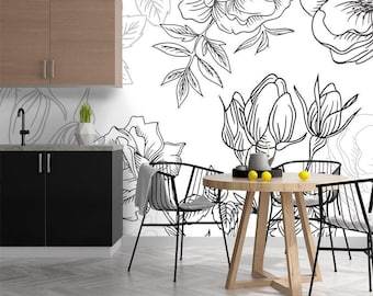 Flowers Wallpaper Black & White. Self Adhesive Wallpaper. Flowers Wall Mural Non-woven Watercolor Wallpaper. Floral Wallpaper Removable Z116