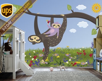 Sloth Family Wallpaper for Nursery Removable. Jungle Wallpaper Children. Funny Animals for Kids. Safari Wallpaper. Non Woven Wall Art KM825