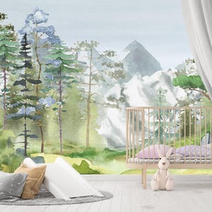 Mountain Wallpaper Kids Room Woodland Accent Wall Nursery Green Forest Wall Mural Bedroom Watercolor Landscape Nature Wallpaper Toddler KM12