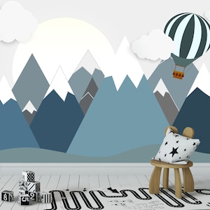 Air Balloon Wallpaper/ Geometric Mountain/ Landscape Mural for Boy Wallpaper/ Nursery Removable Wallpaper Self-adhesive Peel and Stick CW34