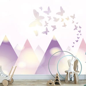 Color Butterfly Wallpaper. Mountains Wall Mural. Wallpaper for Girl Nursery. Self Adhesive Wallpaper. Removable Wallpaper for Kids JK003